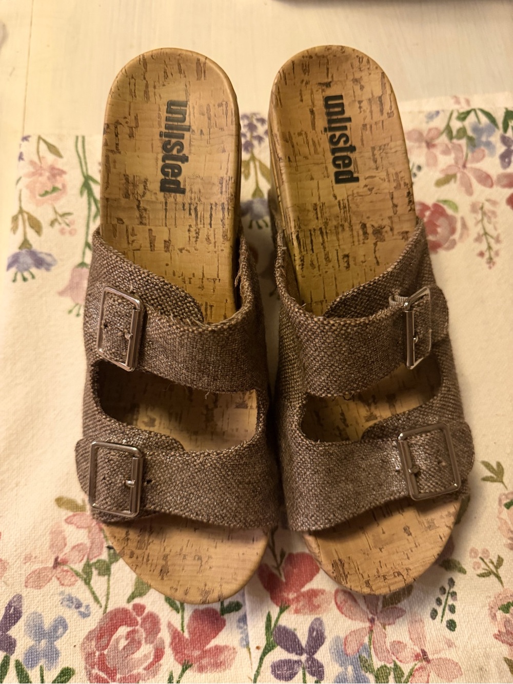 Unlisted Brown Double-Buckle Cork Slide Sandals
